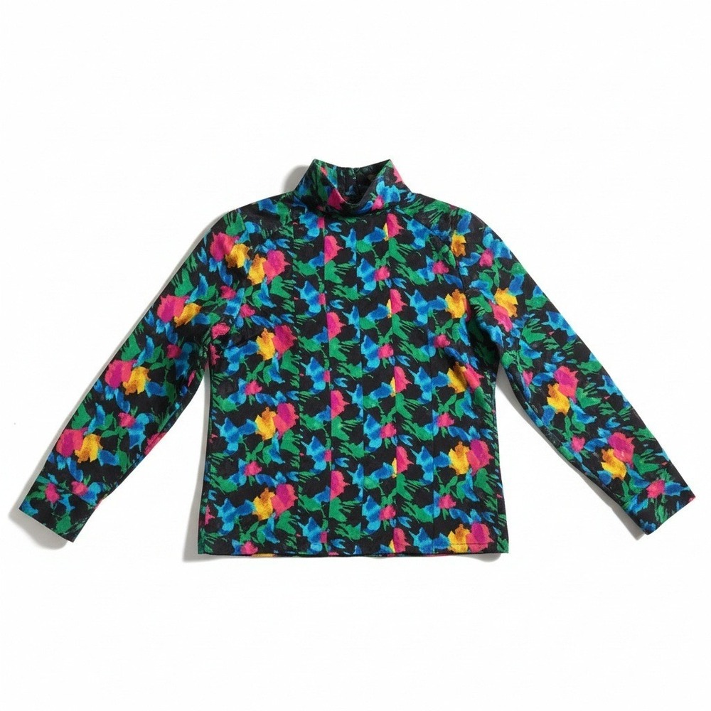 Michelle Stuart Vintage Abstract Floral High Neck Blouse Black Pink Blue Size 6
